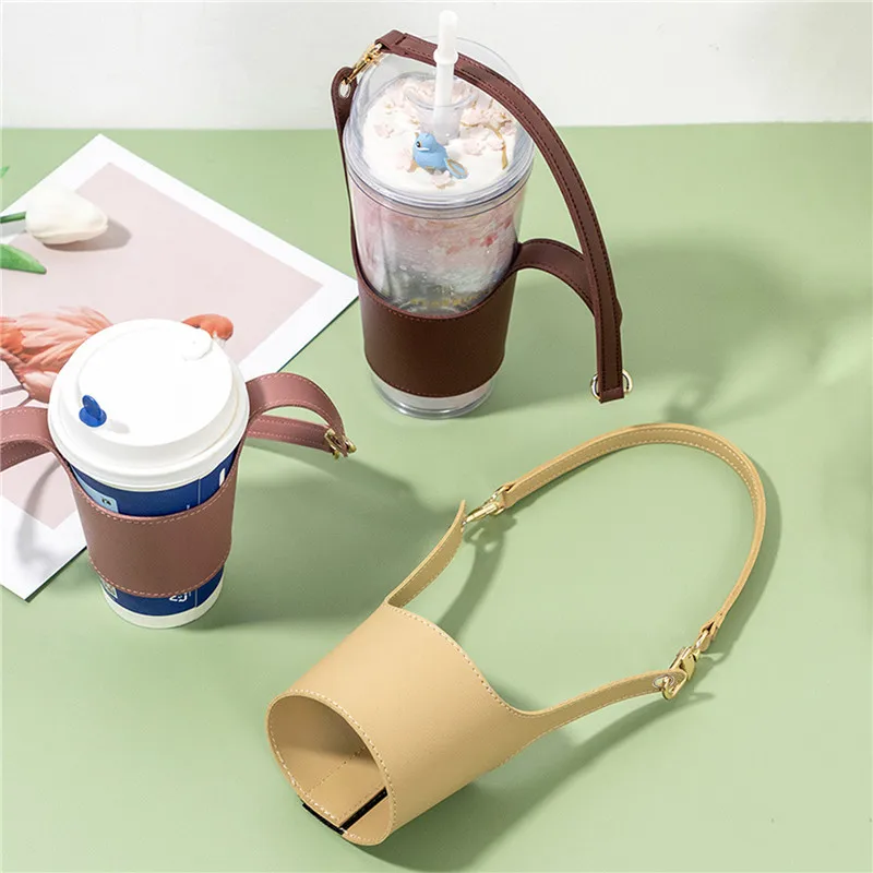 Custodia per coperchio per tazza in pelle Borsa per bottiglia d'acqua portatile Tracolla per il trasporto Tazze isolanti Accessori per tè al latte e caffè