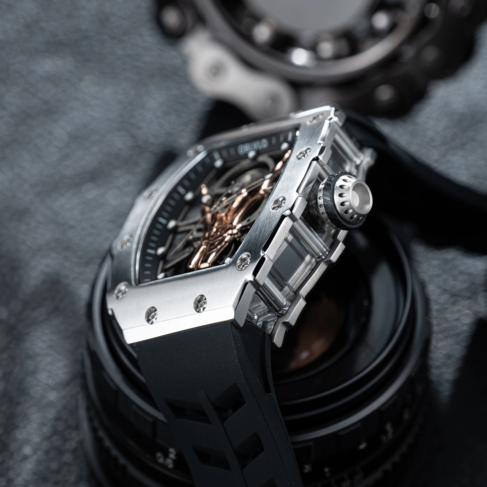 OBLVLO Finger Stainless Steel Tonneau Automatic Men Watch Fashion Wine Barrel Skeleton Mechanical Waterproof Sport Wristwatch