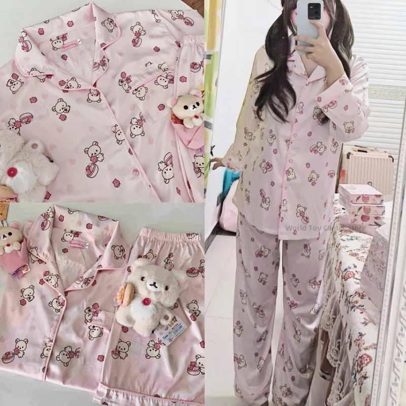 

Cute Rilakkuma Korilakkuma Sets Pink Loungewear Spring And Autumn Pink Cartoon Kawaii Long Sleeved Pants Clothes Women Pajamas
