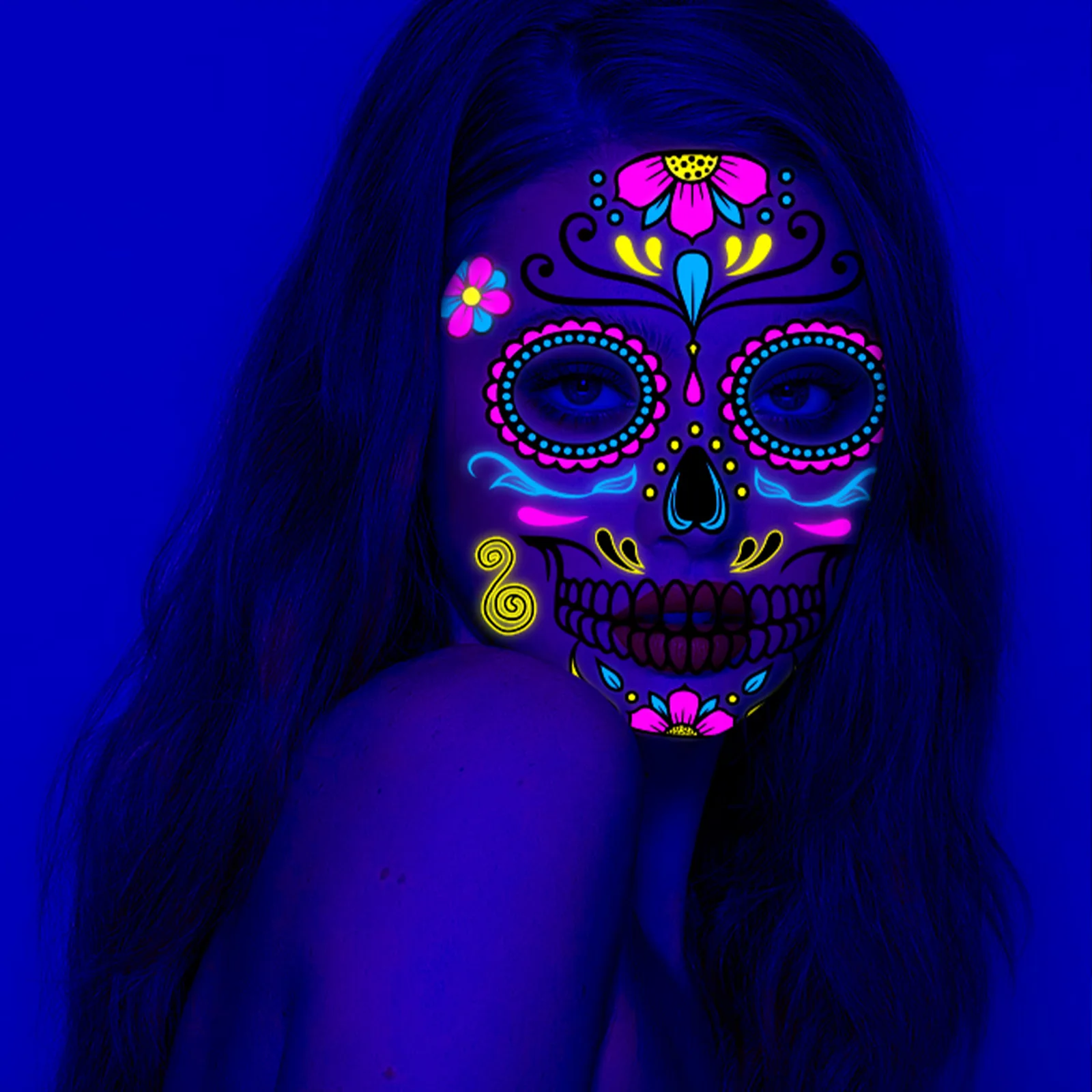1/3/5Sets Glow Waterproof Fluorescent Neon Temporary Tattoo Stickers for Halloween Day of the Dead Party Festival Night Bar Face