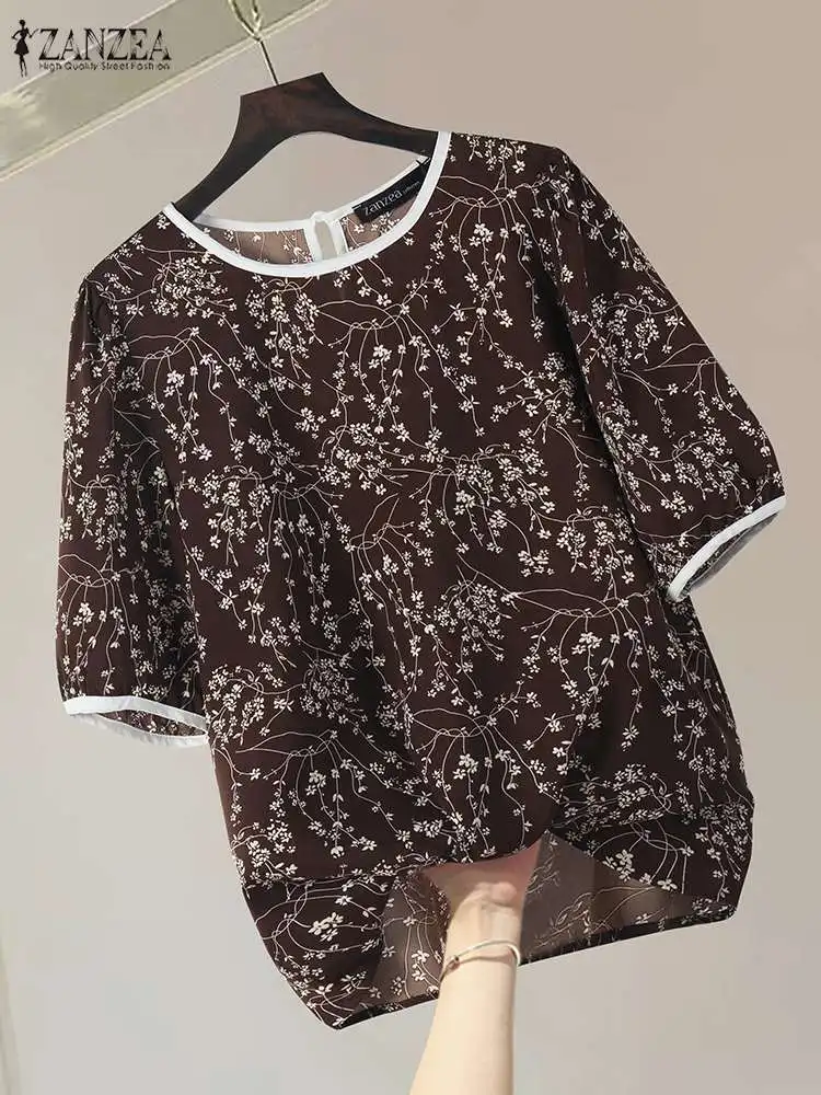 ZANZEA-Blusa con estampado Floral bohemio para mujer, camisa de manga corta a la moda, Blusas informales holgadas para vacaciones, Tops Vintage de retazos