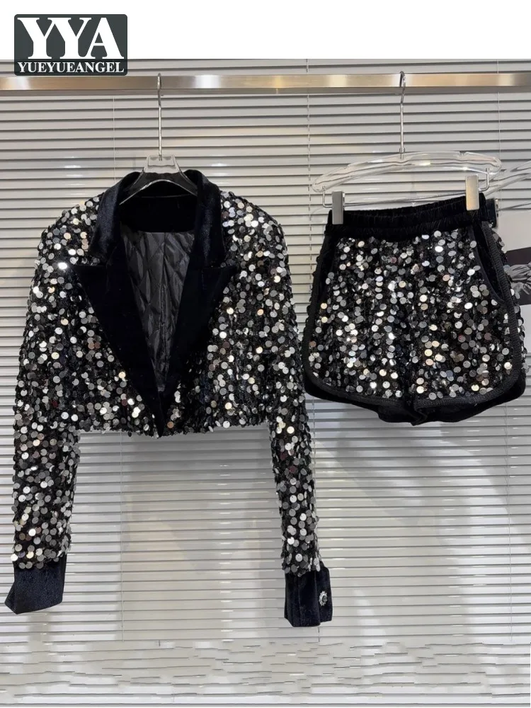 

Women Stage Show Shiny Sequined Padded Jacket Shorts Two Piece Set Night Clubwear Winter Female Runway Bing Bling Suit Sets