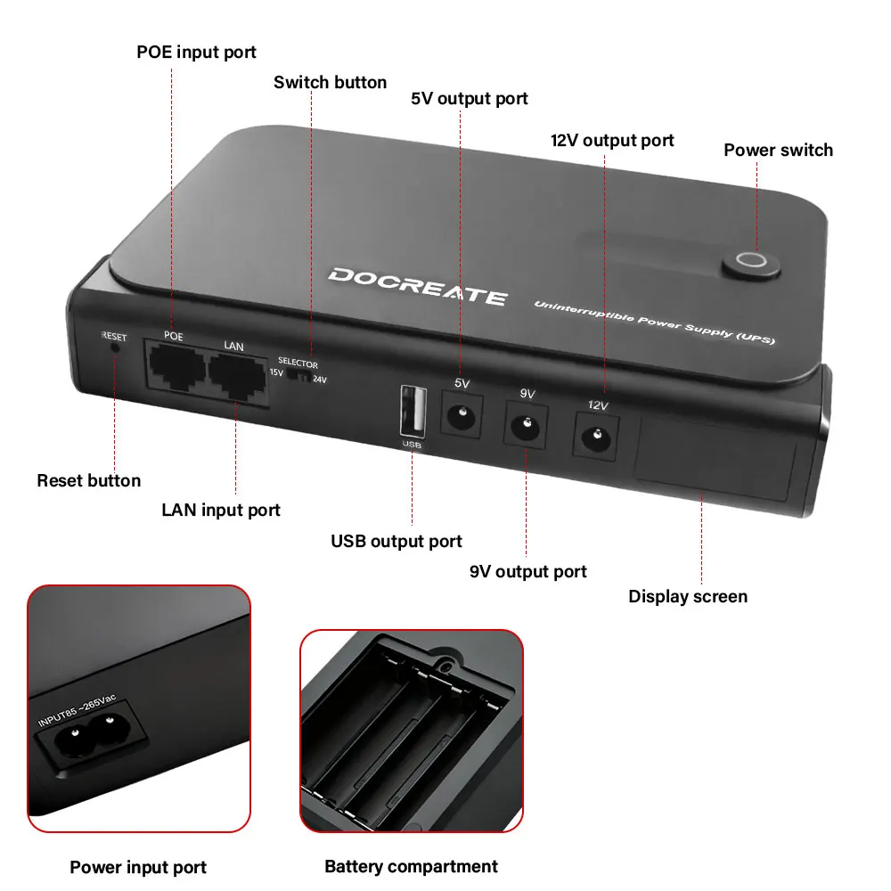 Alimentation sans interruption UPS 36W, batterie remplaçable, affichage LED, interrupteur d'alimentation instantané sans couture pour routeur, Modem, caméra de sécurité
