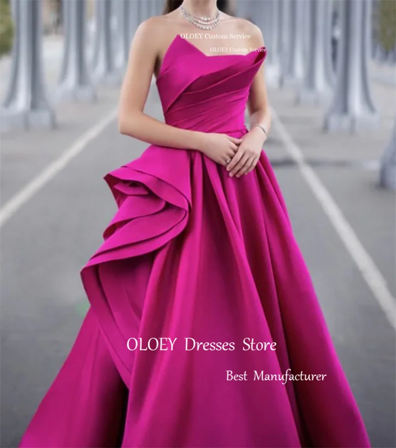 OLOEY Fuschia ซาตินสายชุดราตรีดูไบซาอุดีอาระเบียคําที่กําหนดเองอย่างเป็นทางการ Gowns ชุดราตรียาว Vestido de fiesta