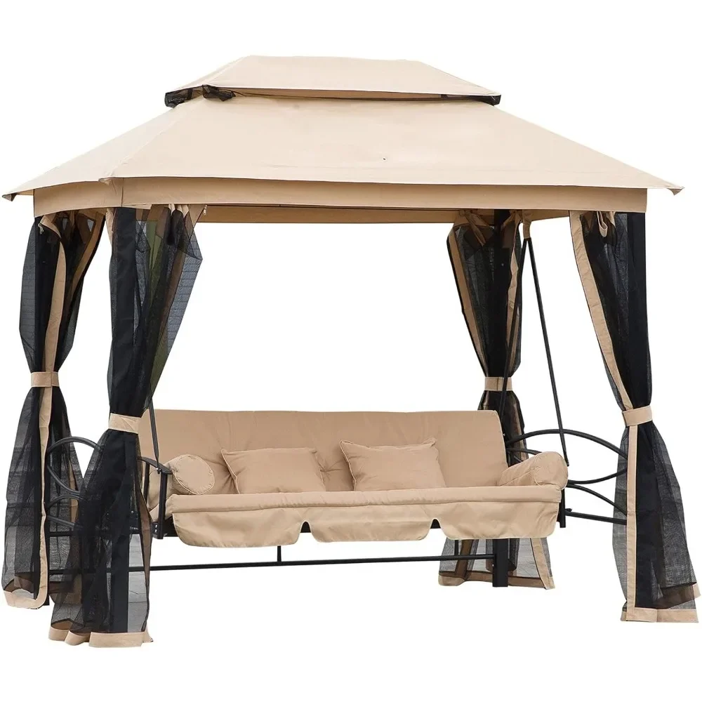 

Outdoor Swing 3-Seat with Double Tier Canopy, Mesh Sidewalls, Cushioned Seat, and Pillows, Outdoor Swing