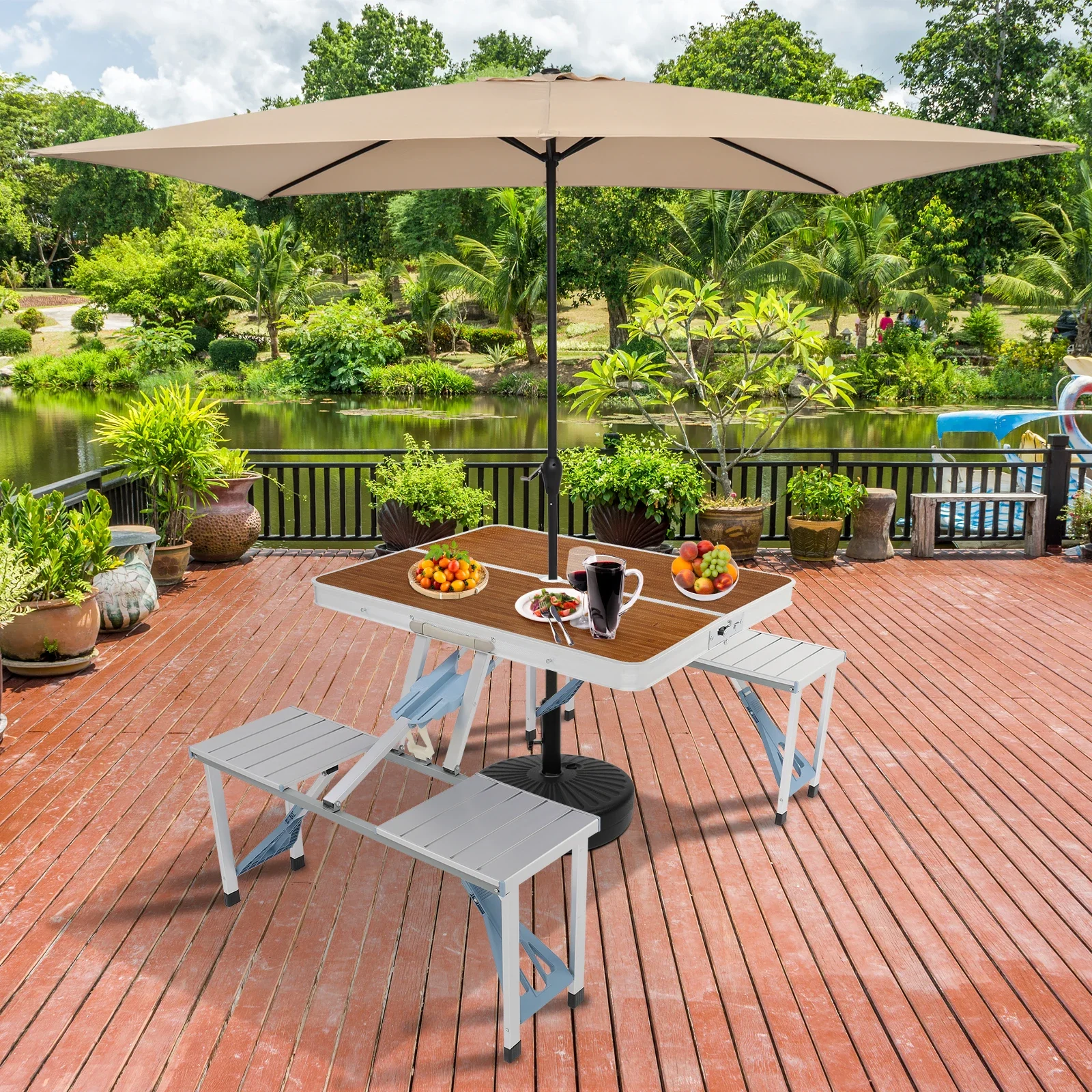 

1 x One Piece Folding Table and Chair And Chair,Ideal for camping,picnics or other outdoor activities,easy storage,Wood color.