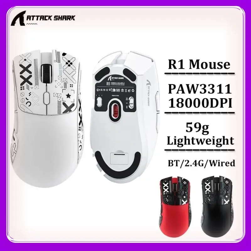 Origin Attack Shark R1 2.4G USB Tri-modeWireless Gaming Mouse Bluetooth Connection 18000DPI 1000Hz Macro Mice for PC MacBook Win
