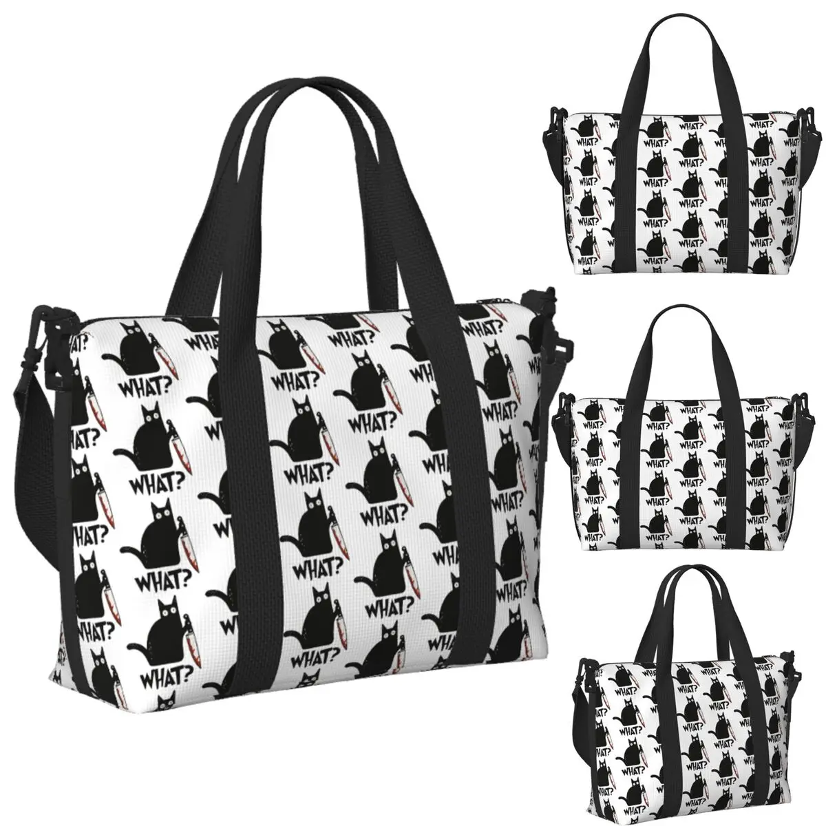 

Custom Cat What Murderous Black Cat With Knife Beach Travel Bag Tote Bags for Gym Yoga Women Shopping Duffle Shoulder Bag