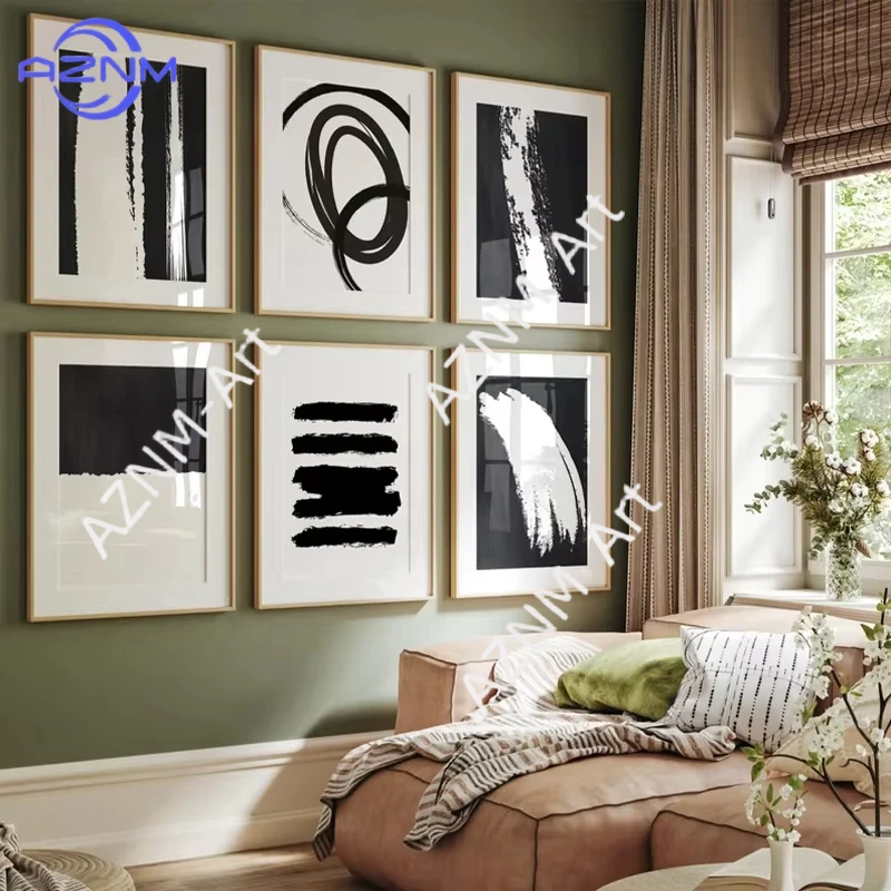 1/6 Stück Abstrakte Kunst Moderne Schwarz-Weiß-Poster Linien-Galerie Ausstellungs-Leinwanddrucke Schlafzimmer-Dekoration Wandkunst