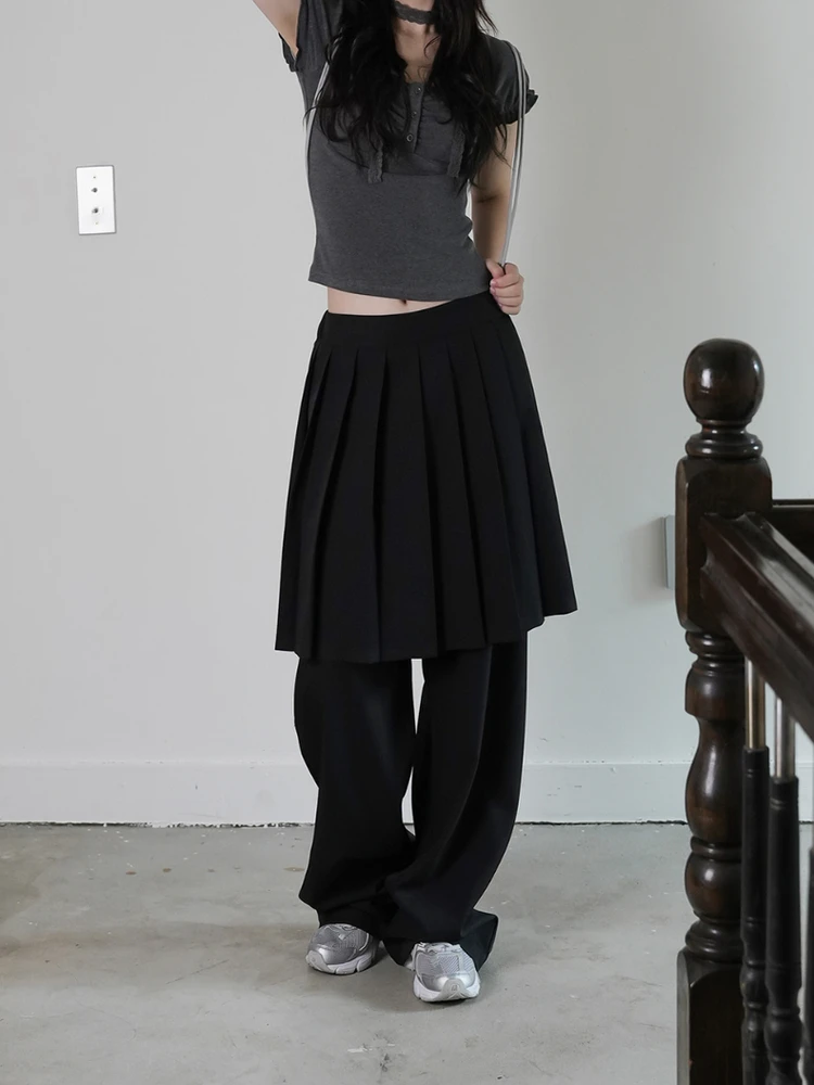 الرجعية اليابانية Sle مطوي تنورة وهمية قطعتين فضفاض سراويل تقليدية عالية الخصر بنطال ذو قصة أرجل واسعة السيدات عادية Faion