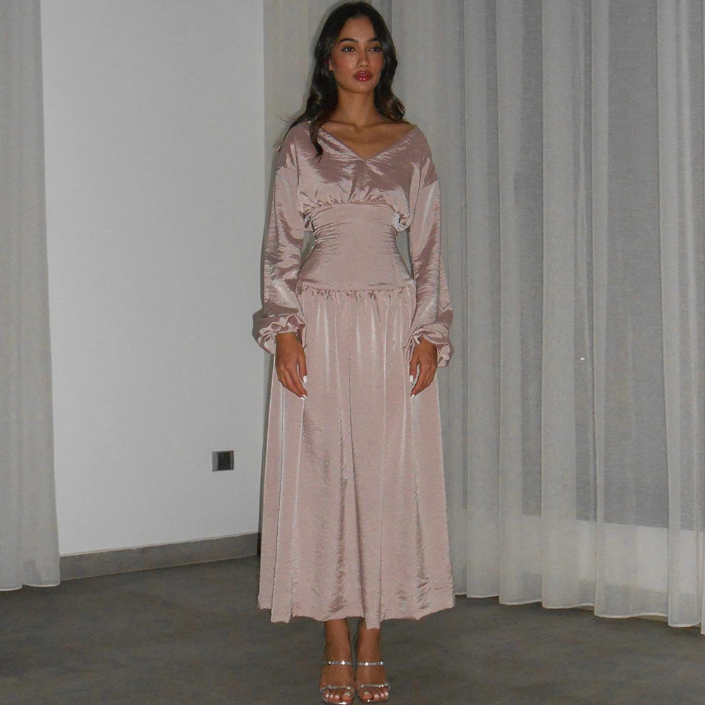 

Модное атласное вечернее платье трапециевидной формы, классические коктейльные платья с длинными рукавами, простые светло-розовые платья по индивидуальному заказу