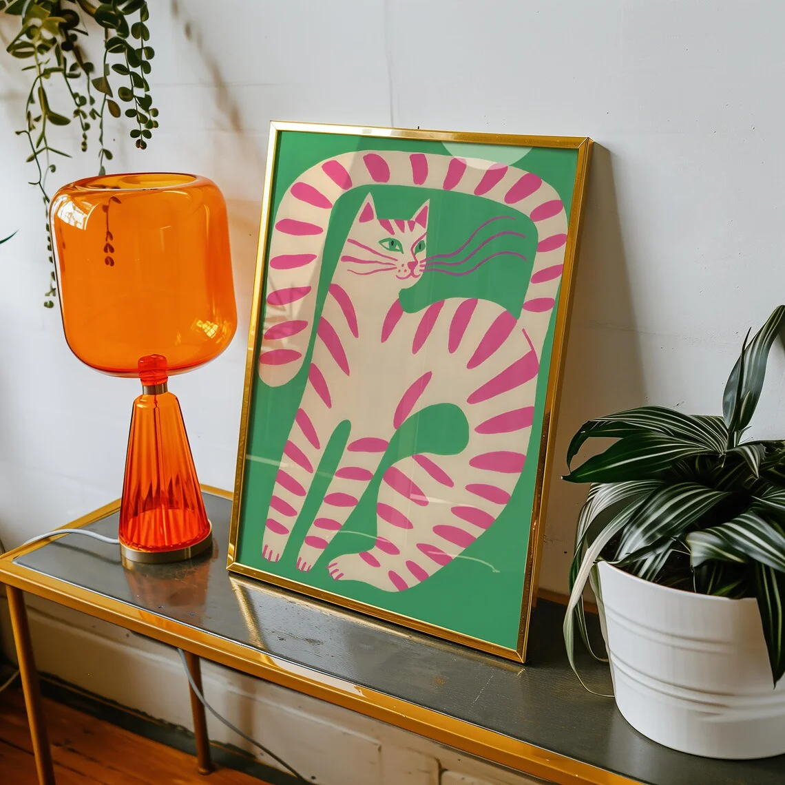 Pink Striped Cat Wall Art Print, Whimsical Kitty Illustration, Colorful Playful Animal Decor, Modern Digital Download Artwork