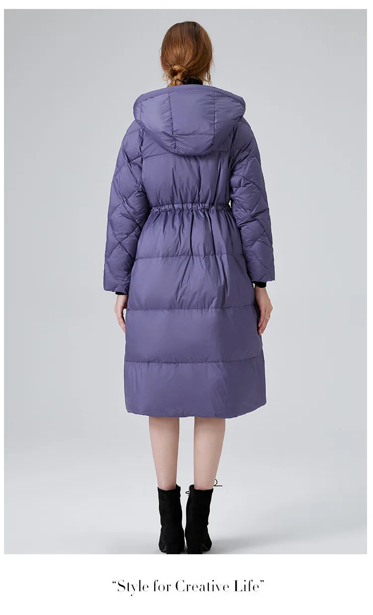 Piumino lungo da donna in piumino d'anatra bianca con cappuccio Parka invernale con cintura in vita Giacca calda per la stagione fredda