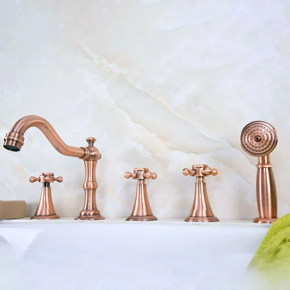 

Antique Red Copper Roman Bathtub Mixer Faucet Set w/ Handheld Shower 5 Holes Tap Deck Mounted Ltf216