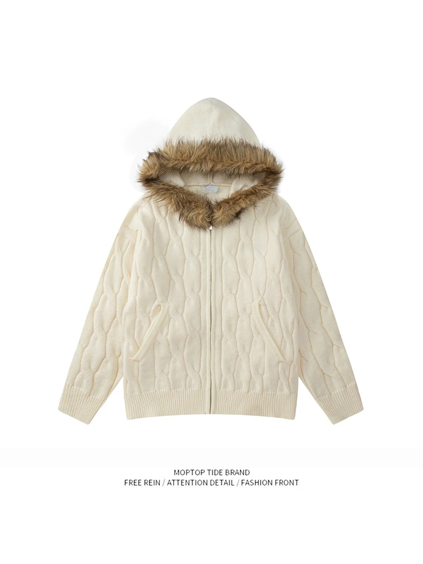 

Мужской модный свободный повседневный вязаный кардиган с капюшоном и воротником из искусственного меха в стиле ретро, осенняя молодежная кофта с длинными рукавами