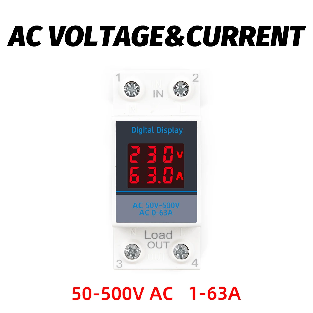 DIN Rail 2 IN 1 AC 50-500V 1-63A Voltmeter Ammeter Led Display Voltage Display Current Display High definition an High Accuracy