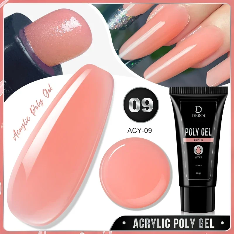 DEROI Crystal Poly Nail Gel Acrylic Natural Pink Semi Permanent UV Liquid Extension Hybrid Varnish Top Coat Buider Nail Gel 30ml