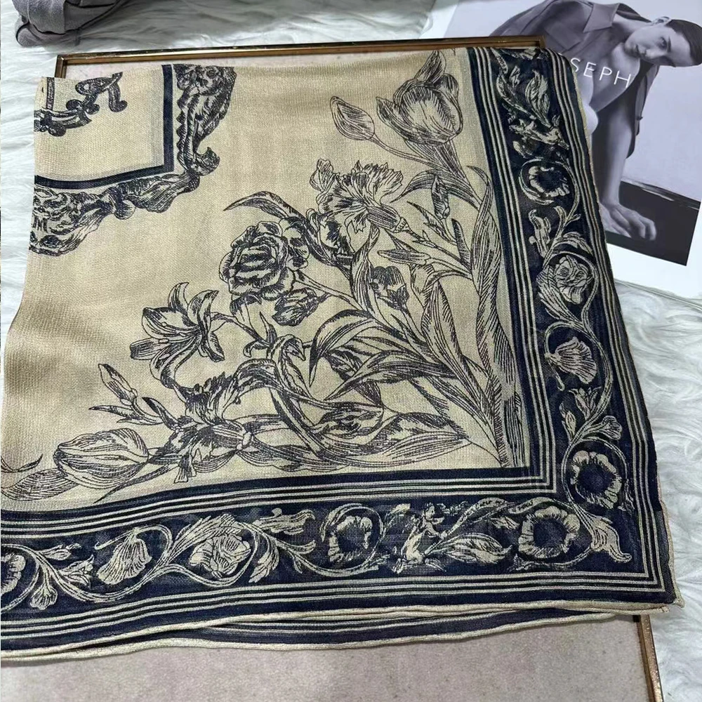 BYSIFA|Khaki Grey 100% Silk Shawl Scarf Fashion Brand Vintage Floral Style Square Scarves Fall Winter Ladies Scarf Hijab Printed