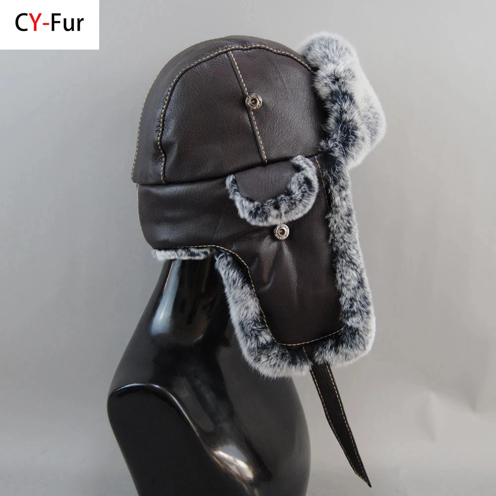 Winter Russian Man & Woman Wholeskin Natural Rex Rabbit Fur Hats Luxury Real Sheep Skin Leather Cap Unisex Real Fur Bomber Hat