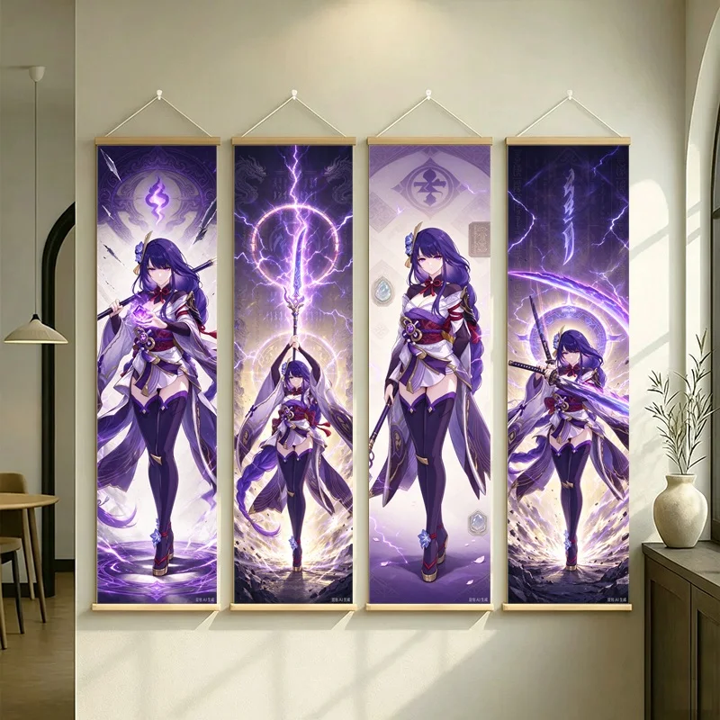 Hanging Scroll Wall Art of Genshin Impact Raiden Shogun with Violet Lightning on Silver Shimmer Canvas for an Anime Bedroom