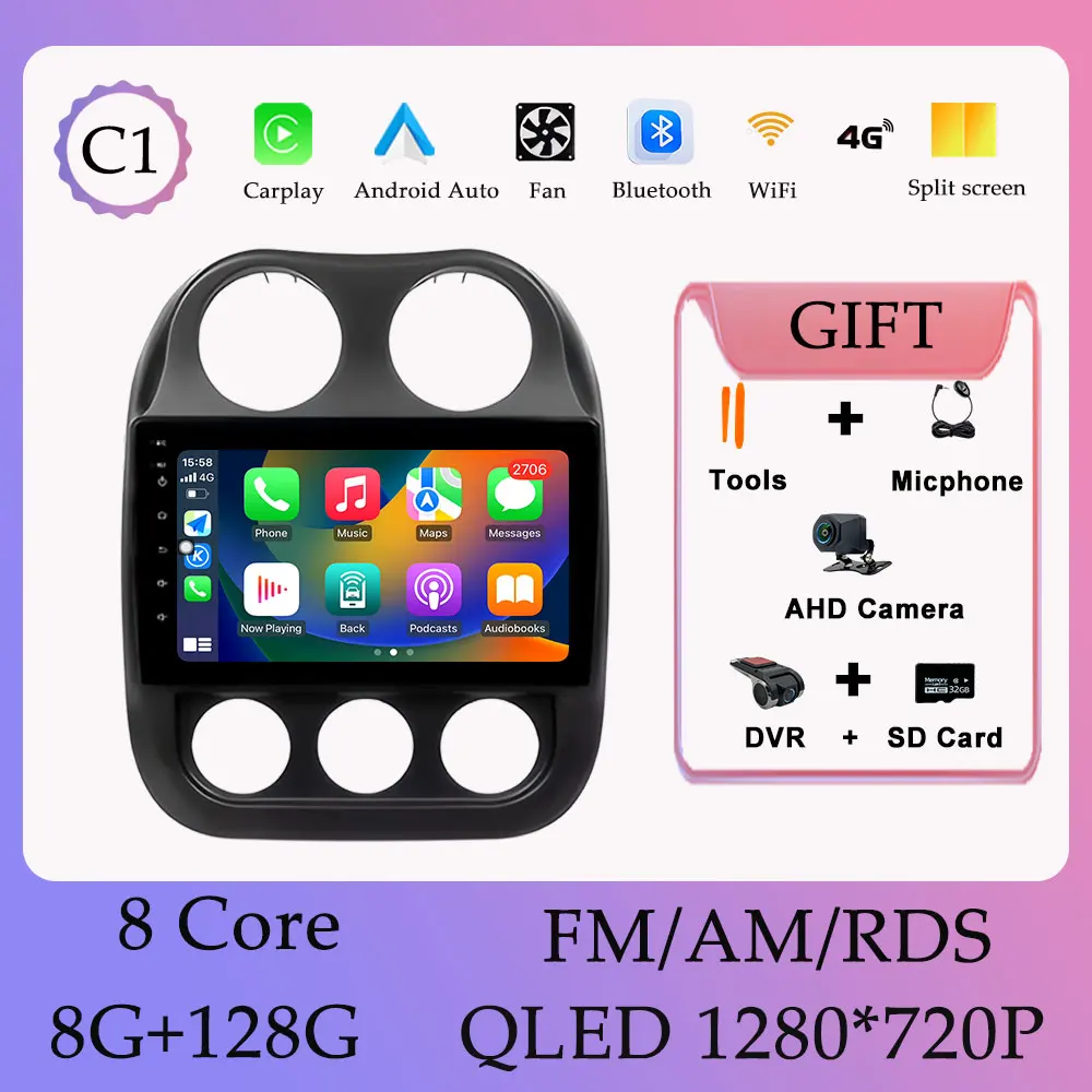 Draadloze Carplay Android 16 Autoradio Video Audi Multimedia Speler voor Jeep Compass Patriot 2009-2015 GPS Navi DSP Stereo WIFI
