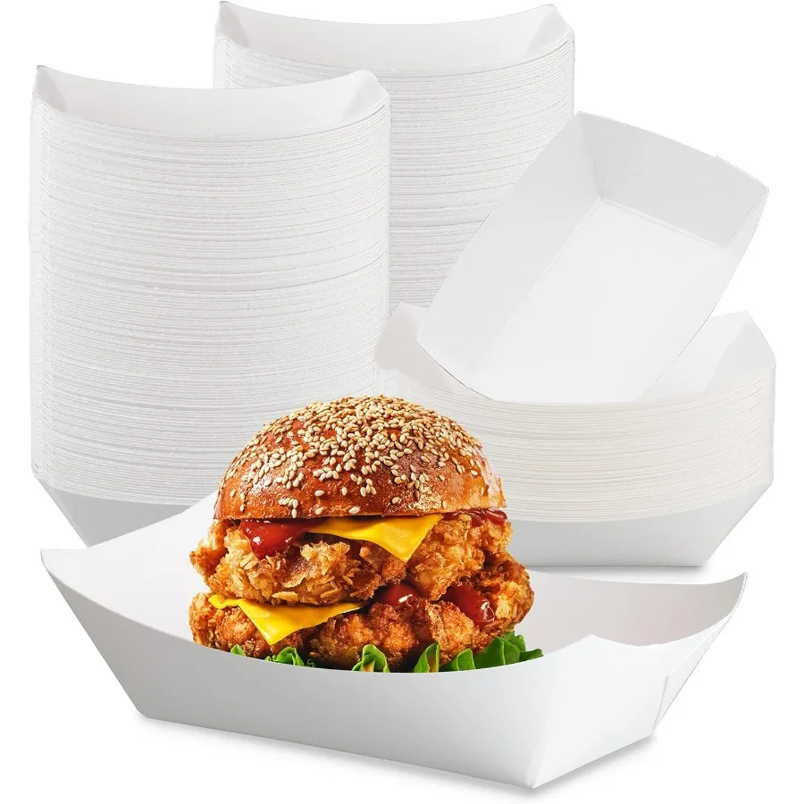 

[500 Pack 3 lb Paper Food Boats Heavy Duty Disposable Trays White For Parties Fairs Picnics Carnivals Holds Tacos Nachos Snack