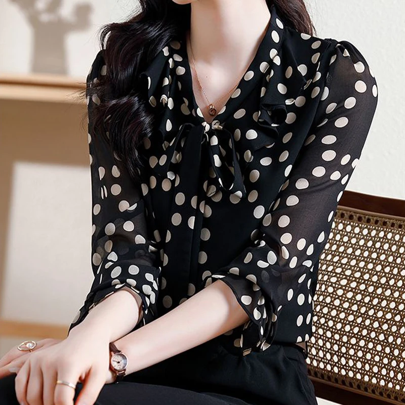 Summer Elegant Fashion Chic Sophisticated Shirt Office Lady Bow Three Quarters Sleeve V Neck Polka Dot Loose Casual Drape Top