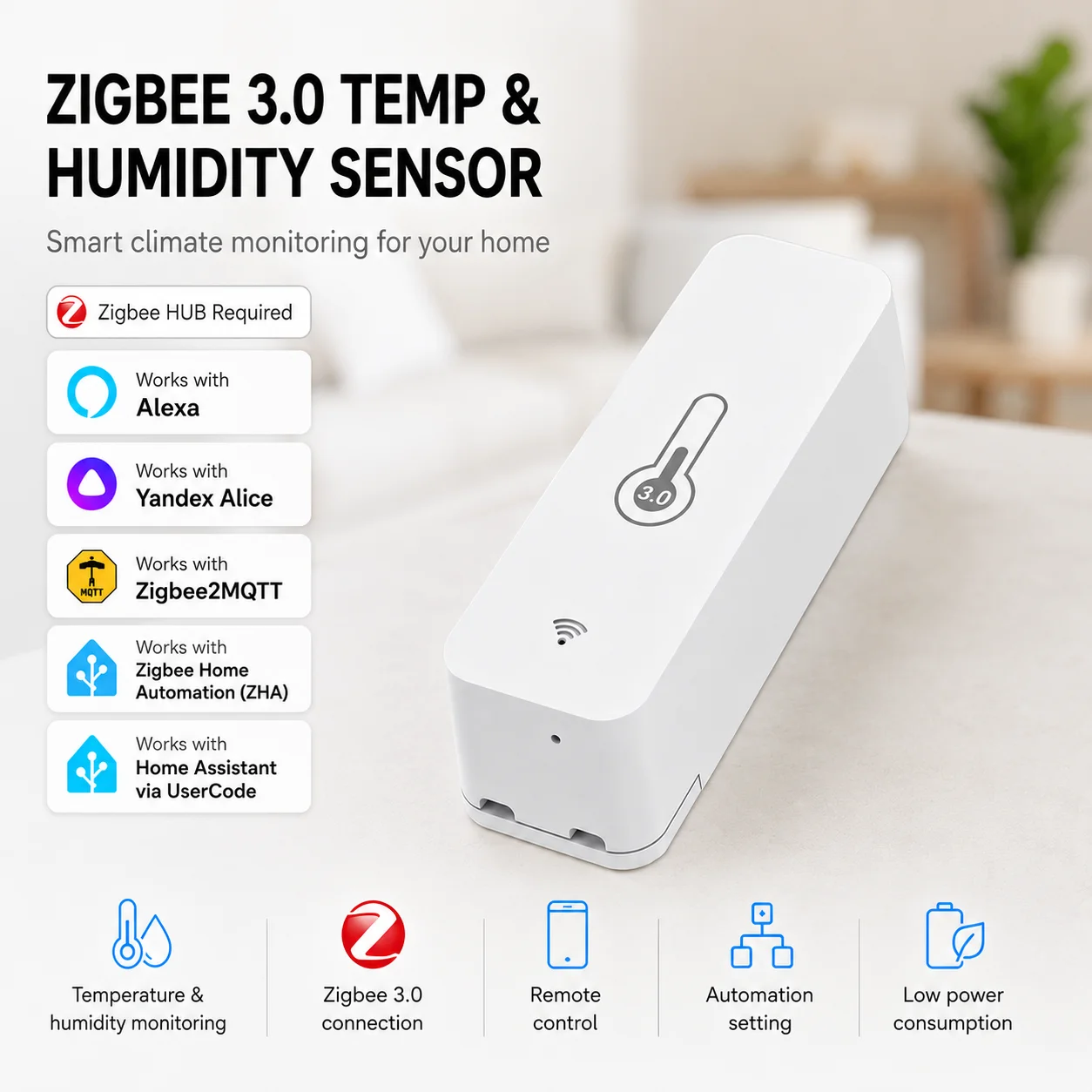 Zigbee 3.0 Smart Temperature & Humidity Sensor Indoor Thermometer Hygrometer Monitor Works with Home Assistant Z2MQTT Yandex ZHA