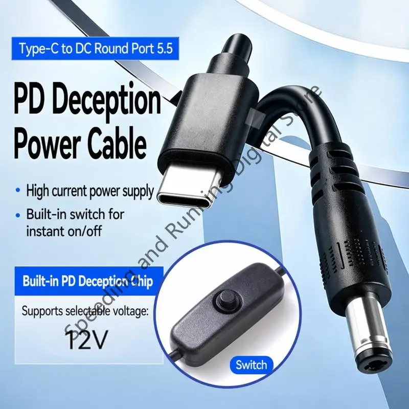 PD 12V Type C to 5.5x2.1mm Power Connector Adapter Cable for Router Mini Fan Speaker