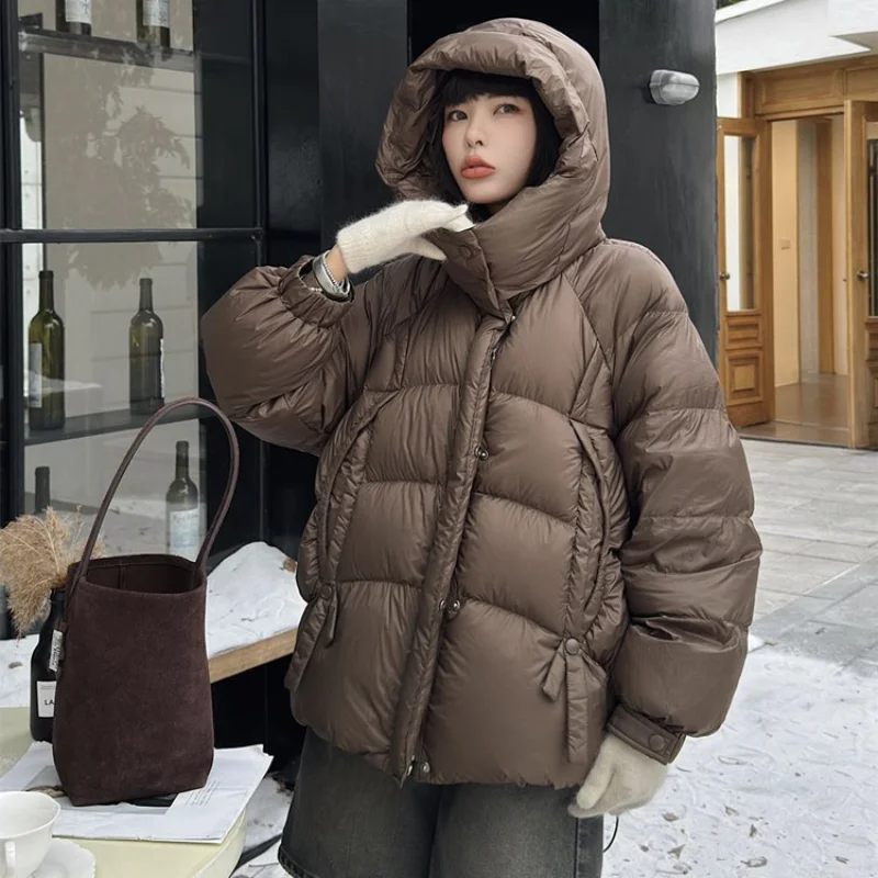 Winter Women\'s Mid-length Down Jacket Hooded Warm Coat Thickened 90 Duck Down Coat 2024 New Fluffy Warm Bread Down Jacket