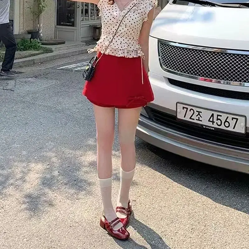 

Hotsweet Red Fashionable Bow A-Line Mini Skirts Female Clothing Solid Color Summer Korean Vintage High Waist Aura Short Skirts