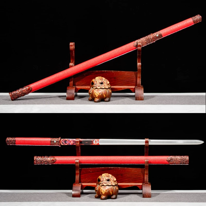 Chinese Nezha Theme Movie Tang Sword,High Manganese Steel,Red Leather Saya,Cosplay Home Decor Sword,Full Tang Shirasaya Prop view 4