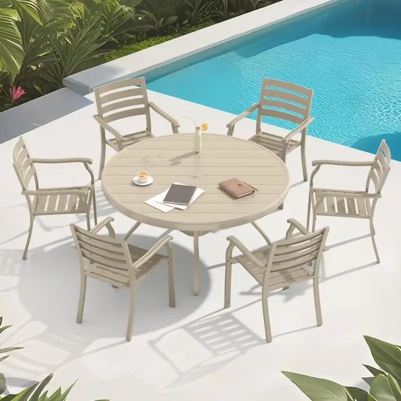 7-Piece Outdoor Patio Dining Set with 6 Stackable Metal Chairs and 52.95-Inch Round Table for Garden, Backyard, or Deck Use