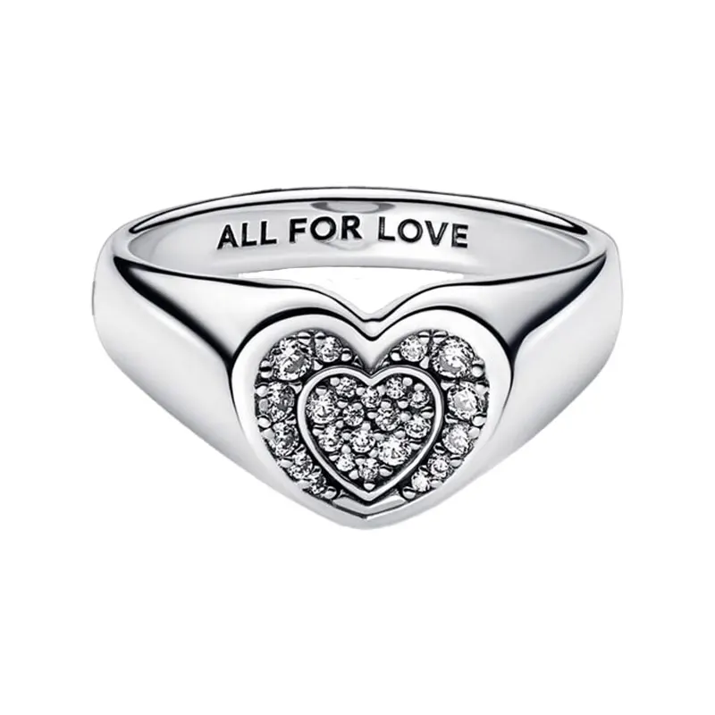 Women All For Love Concave Hearts Signet Rings 925 Sterling Silver Fine Jewelry Pave Setting Clear Zircons Valentine's Day Gifts