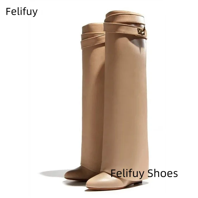 

Новые зимние женские ботинки на танкетке с металлическим рисунком акулы, замшевые сапоги до колена, женские длинные сапоги из натуральной кожи с острым носком, Botas Mujer