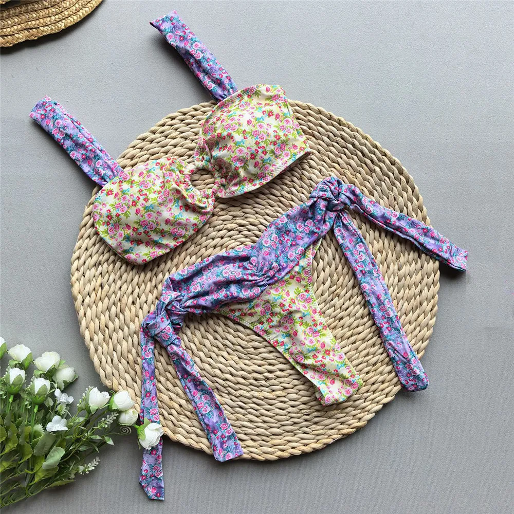 

Желтый купальник с цветочным принтом, бандажный завязанный бикини, микро-стринги, сексуальный купальник, женский купальник с кольцом 2025 года, купальный костюм, комплекты бикини