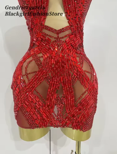 حار مثير الأحمر معطلة الكتف حجر الراين فساتين كوكتيل بلا أكمام شير مخصص فساتين السهرة القصيرة حزب للفتيات السود #3