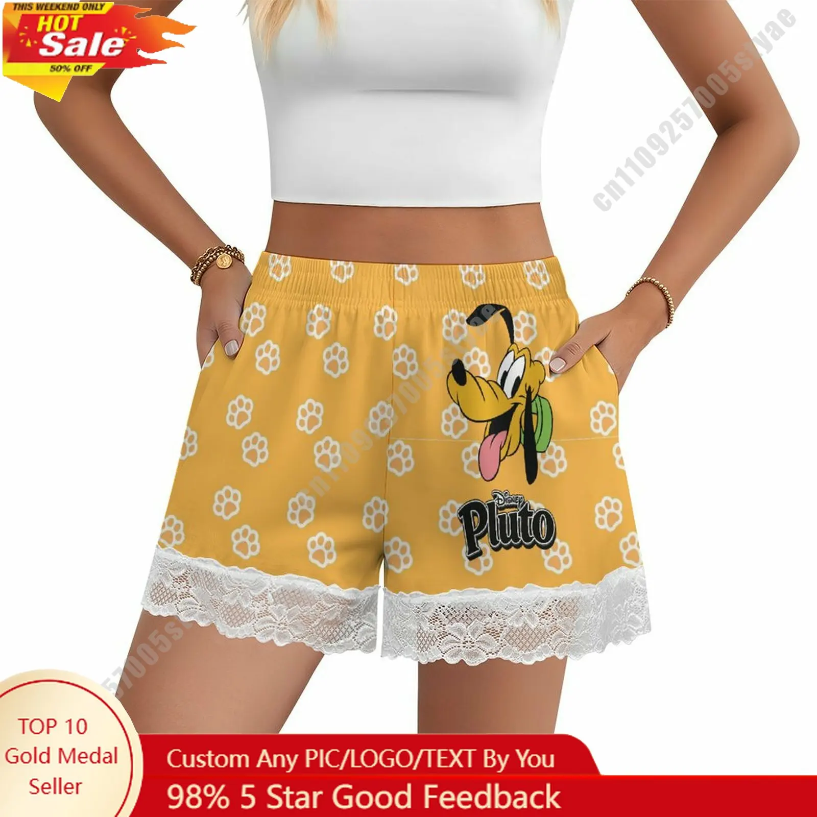 

Pluto Short Pajama Pants Disney Cartoon Women Summer Lace Trim Thin Panties Custom Loose Home Casual Shorts