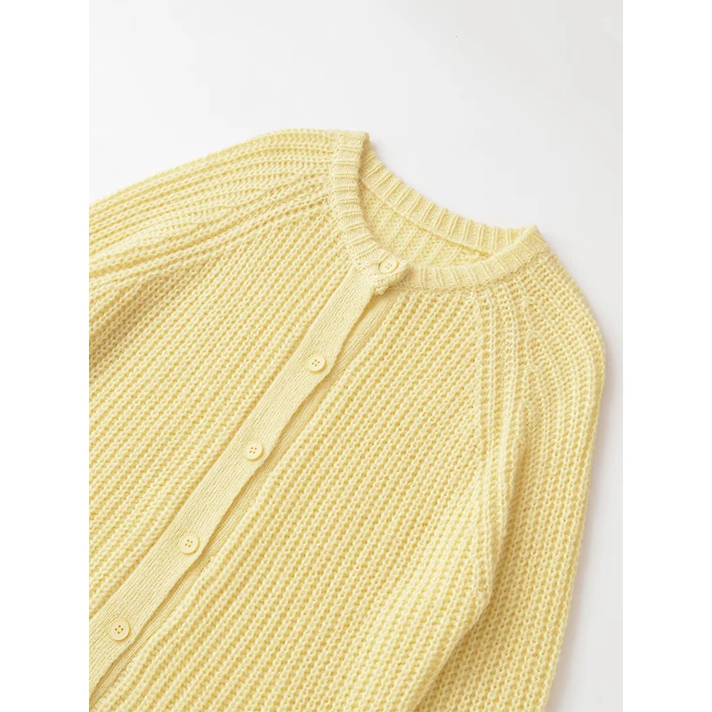2025 Women Single Breasted Yellow Knit Cardigan Long Sleeve O Neck Loose Autumn Sweater Coat
