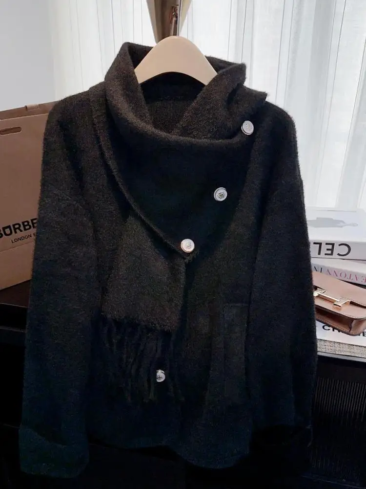 

Korean Women Solid Long Sleeved Single Breasted Sweater Autumn Winter Versatile Knitted Short Tops And Pullover Scarf Streetwear