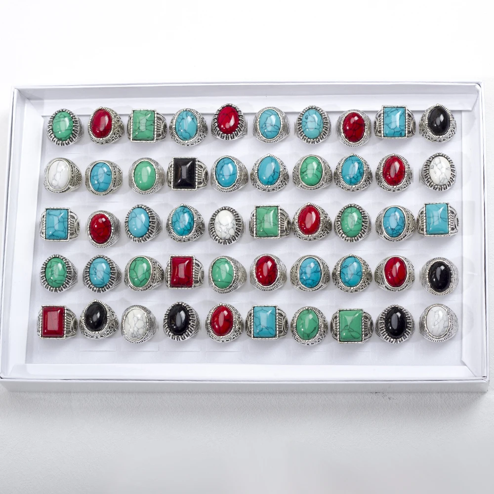 الجملة 30 قطعة/الوحدة خمر بوهيميا الهندسة الفيروز حجر خاتم للرجال النساء الاصبع العتيقة الفضة اللون مجوهرات هدايا الحفلات