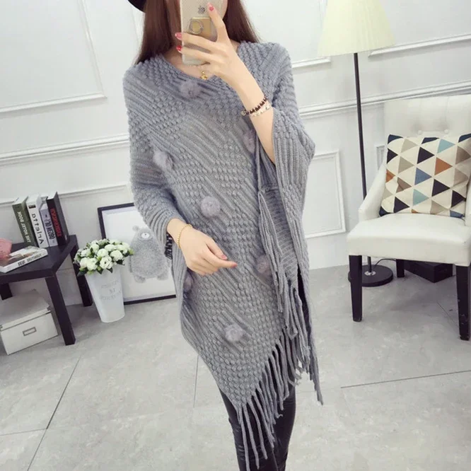 

Spring Autumn Tassel Shawl Female Cloak Wool Ball Sweater Coat Loose V-neck Girl Warm Fashion Leisure Gray Shawl Wrap Sweater