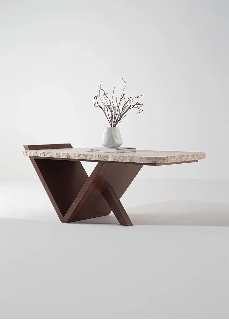 Cy56  Natural travertine solid wood coffee table small apartment living room coffee table tea room creative long tea table