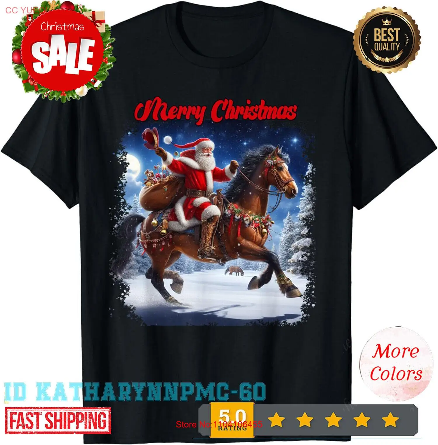 

Cowboy Santa Riding A Horse Christmas Merry Christmas T-Shirt.