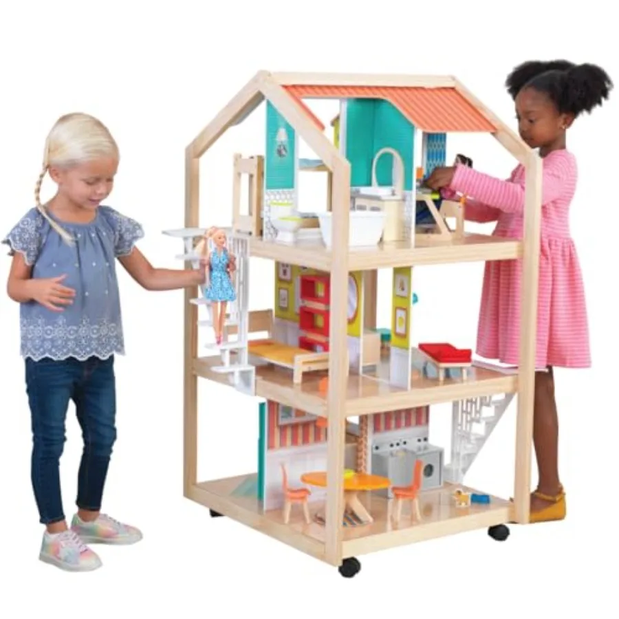 

Stylish Mansion Wooden Mid-Century 360-Play Dollhouse with Wheeled Base and 42 Accessories, Gift for Ages 3+