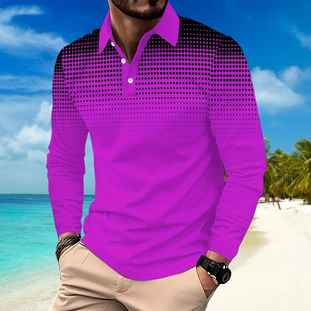 Gradient Dot Print 2024 Golf Wear Men Casual Streetwear Lapel Polo Shirts Men Tops Fashion Harajuku Button Long Sleeve Clothes