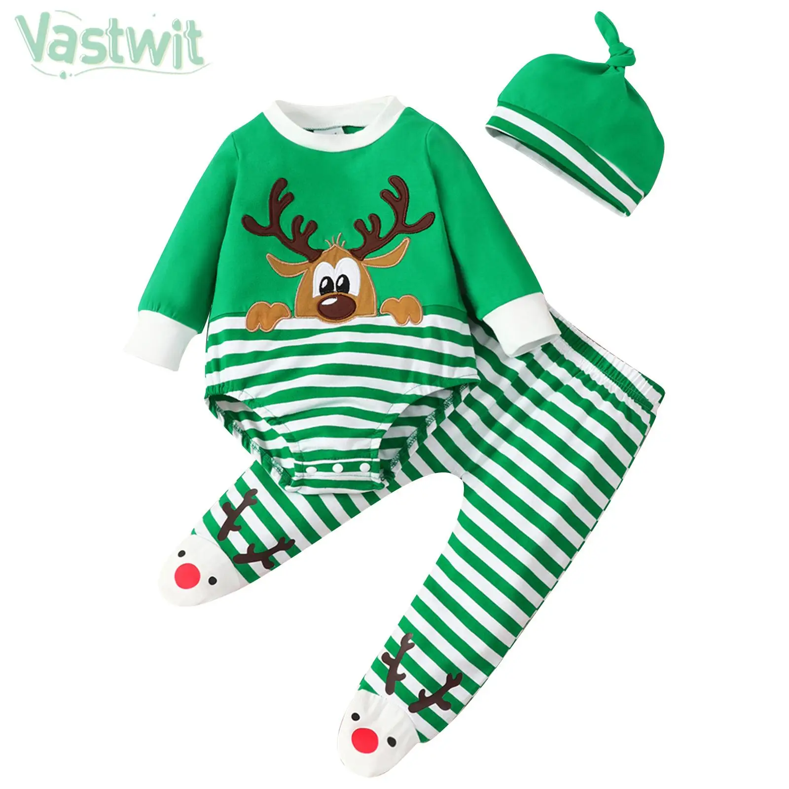 Baby Christmas Elk Dress Up Outfit Xmas New Year Christening Birthday Party Costume Long Sleeve Romper with Hat Footed Pants Set