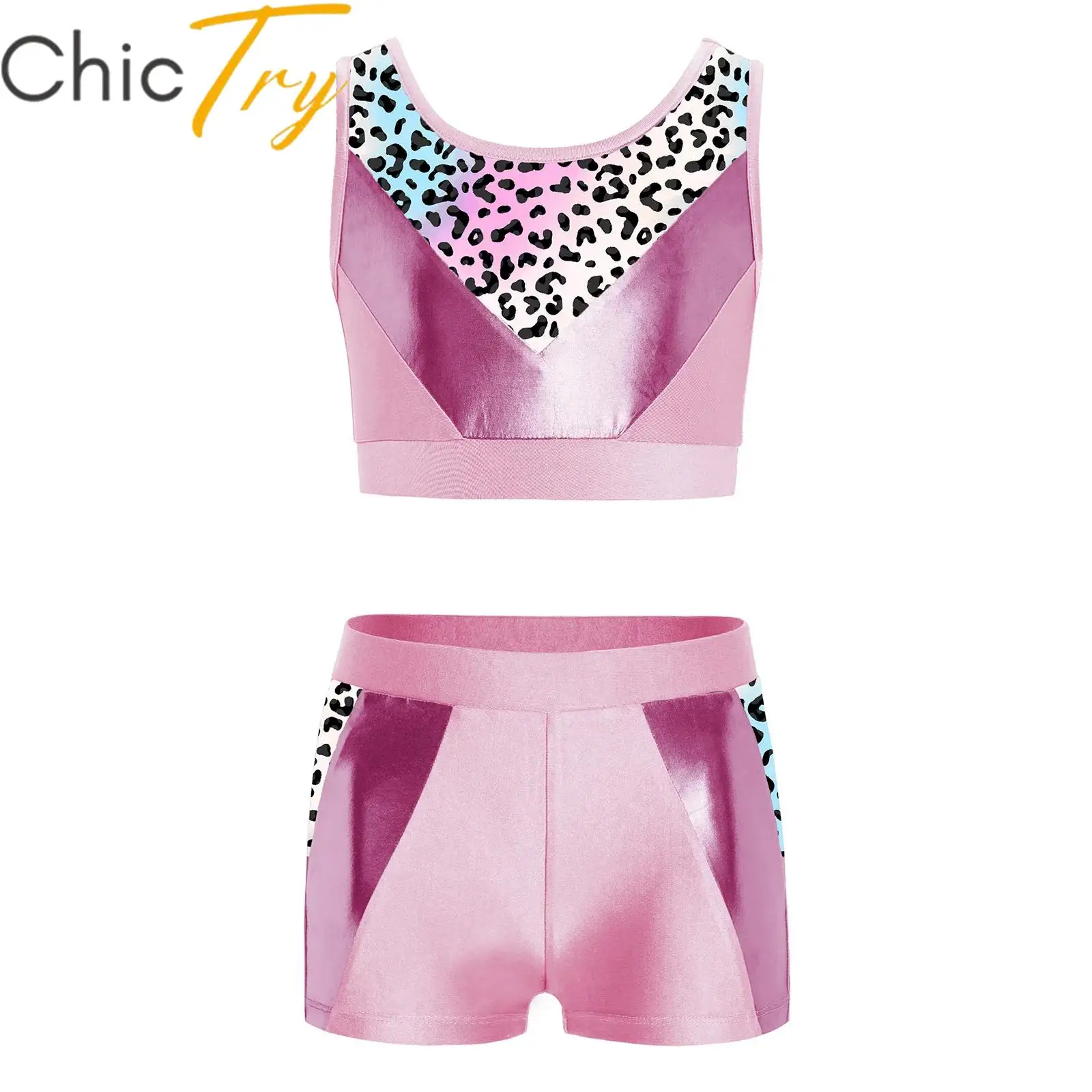 Girls Kids Sports Tracksuits Gymnastics Workout Sets Sleeveless Metallic Printed Patchwork Crop Top and Shorts Yoga Dance Suit