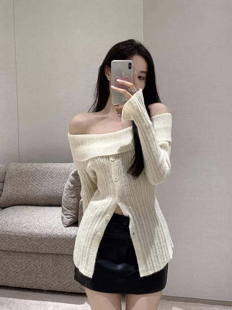 Zoki Chic Slash Neck Sweaters Women Sexy Off Shoulder Elegant Knitted Pullovers Korean Long Sleeve Sweet Female Fashion Jumpers