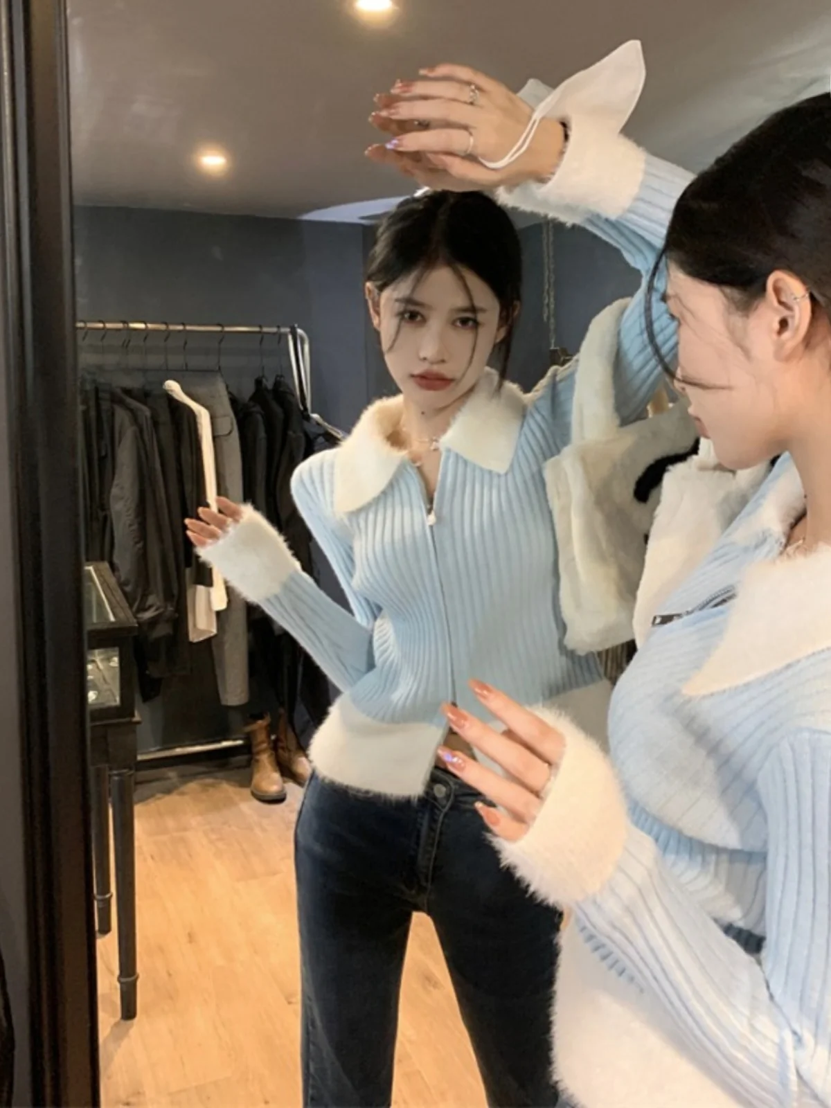 Cárdigan Abierto de Punto con Cuello Alto y Doble Cremallera, Color Rosa, para Mujer, Estilo Dulce, Manga Larga, Ajustado, co...